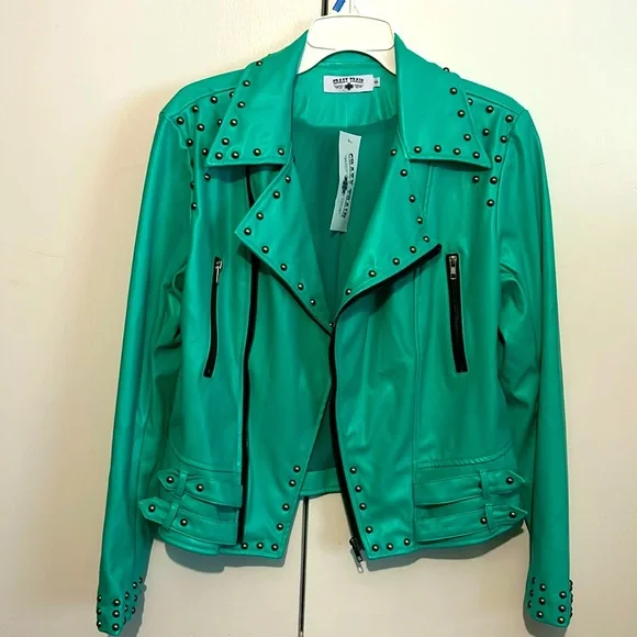 Crazy Train teal faux leather studded moto jacket - Picture 1 of 6